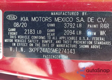 2021 Kia Forte Fe/Lxs from USA, damaged, VIN 3KPF24AD5ME274143